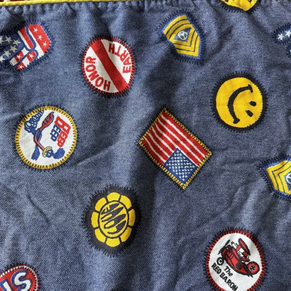 Vtg 1960's Patch Logo Denim Look Twin Bedspread STP Roadrunner Red Baron‎ Smiley